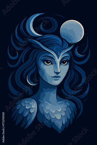 Mystical Celestial Being with Blue Hair and Feathered Wings under Moonlit Sky