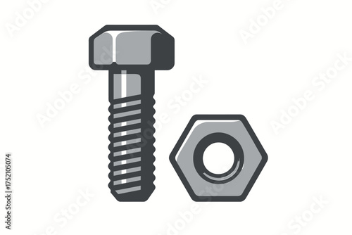 Hex Bolt and Nut, Metallic Fastener Pair, Flat Vector Isolated on White