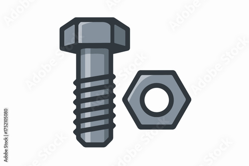Hex Bolt and Nut Icon, Steel Fastener Pair, Flat Vector Isolated on White