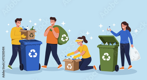 People sorting recyclable materials into bins and boxes, promoting environmental awareness.