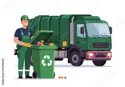 Garbage collector emptying a recycling bin into a garbage truck.