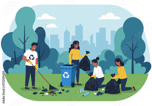 People cleaning up trash in a park with a city skyline in the background.