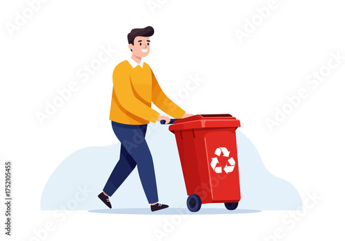Illustration of a man pushing a red recycling bin with a recycling symbol.