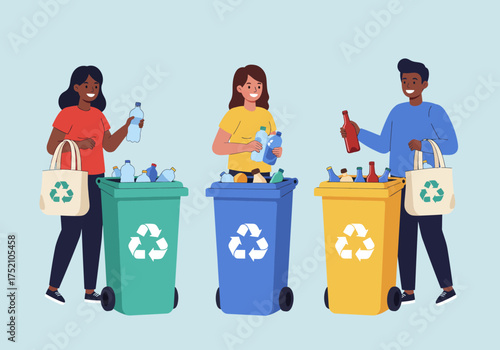 People recycling plastic and glass in different colored bins.