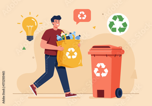 Illustration of a man recycling plastic bottles into a recycling bin with a lightbulb in the background.