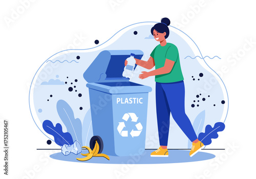 Woman recycling plastic bottle in a blue bin with recycling symbol.