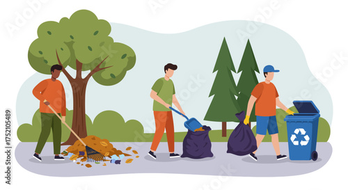 Volunteers cleaning up litter in a park, collecting trash and recyclables.