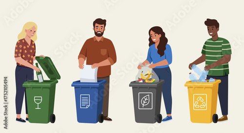 People sorting waste into different colored recycling bins for glass, paper, organic, and plastic.