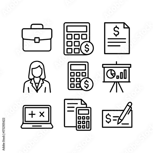 set of outline icons accountant vector on a white background
set of 9 line icons, vector, on a white background