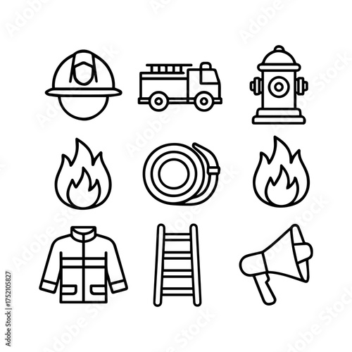 set of outline icons firefighter vector on a white background
set of 9 line icons, vector, on a white background