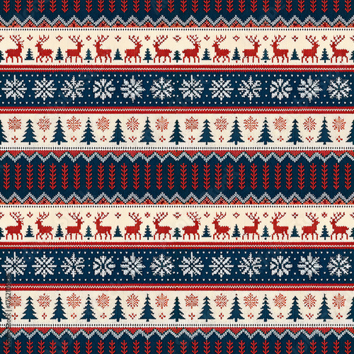 Knitted Christmas Seamless Pattern with Nordic Deer, Trees and Snowflakes