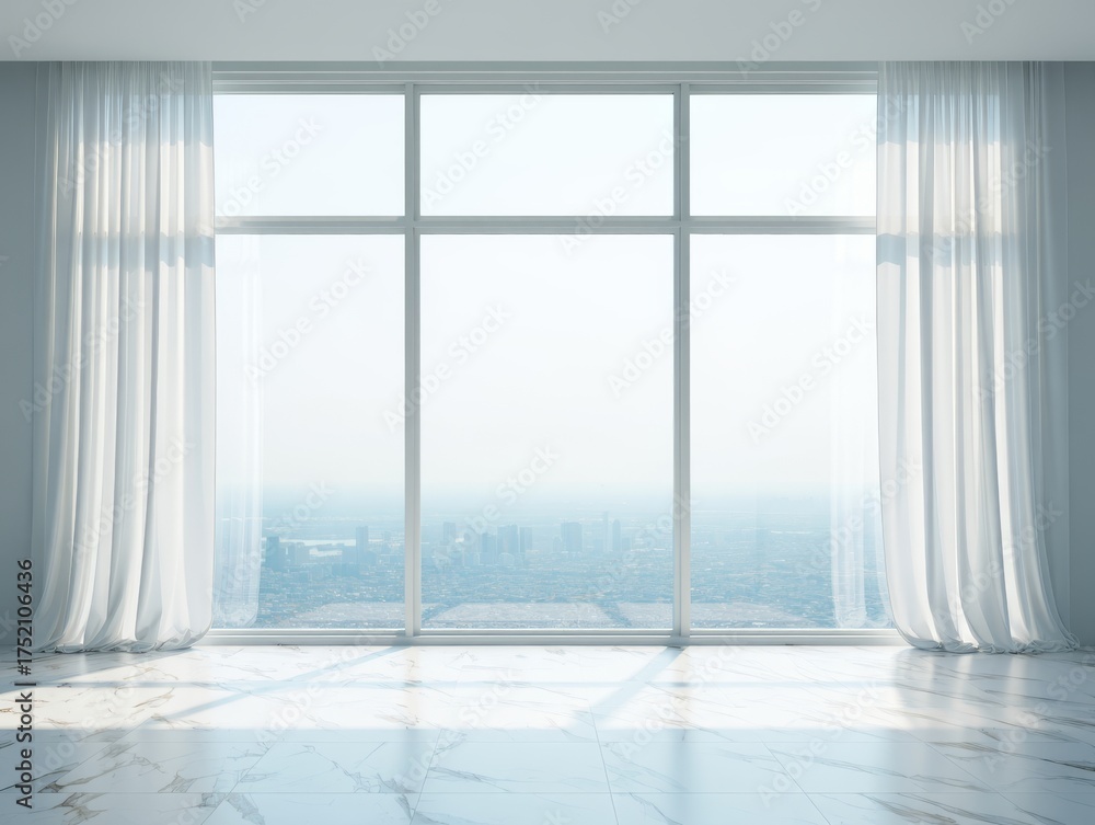 Obraz premium Expansive Window View with Sheer Curtains and Bright Light Flooding Minimalist Room