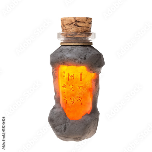 Decorative bottle with glowing liquid and runic symbols on transparent background