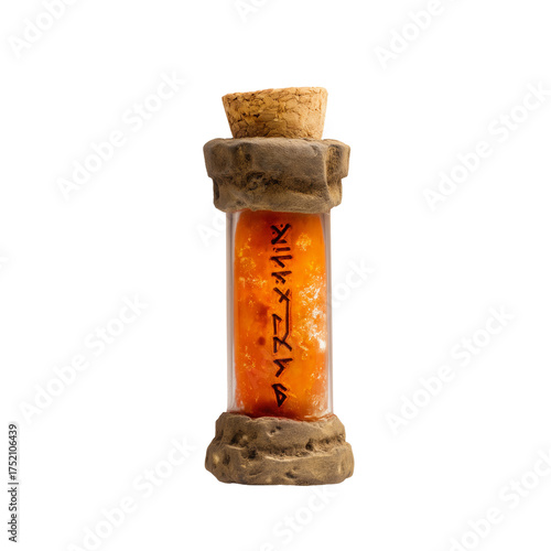 Small cylindrical bottle with textured cork stopper and vibrant orange liquid on transparent background