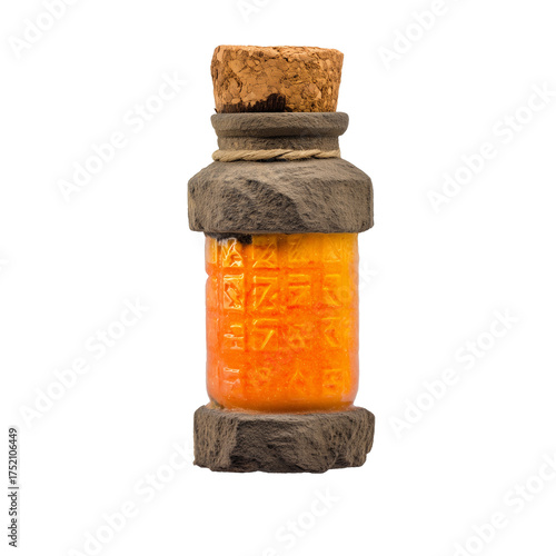 Cylindrical glass jar with cork stopper and knotted twine on transparent background