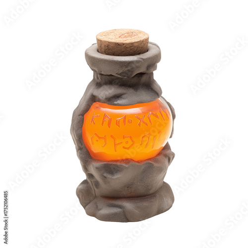 Intricate dark brown container with orange segment and runic inscriptions on transparent background