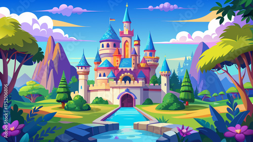 Very beautiful fairytale castle surrounded by lush gardens and blue sky in a magical amusement park, Orlando, Florida, creating a dreamy and enchanting travel destination.
