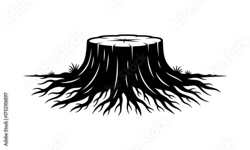 Monochrome vector icon of a felled tree stump with a detailed root system illustration