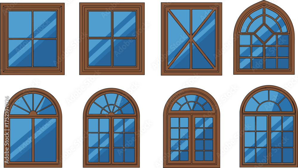 Obraz premium Architectural window silhouette set, classic and modern styles, arched and square frames, vector clipart, building design elements collection