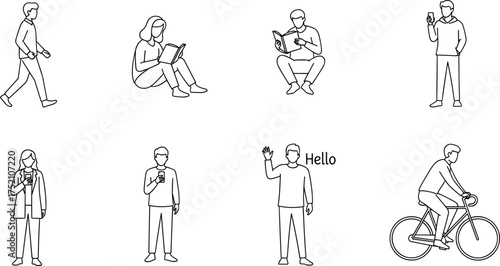 Human activity silhouette set, everyday pose illustration, reading, walking, biking, phone usage vector clipart for lifestyle design