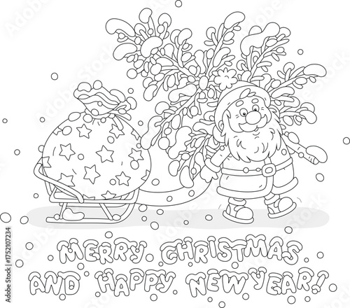 On the snowy night before Christmas funny Santa Claus with a felled fir tree pulling his sledge with a big magical bag of winter holiday gifts for little kids, black and white outline vector cartoon