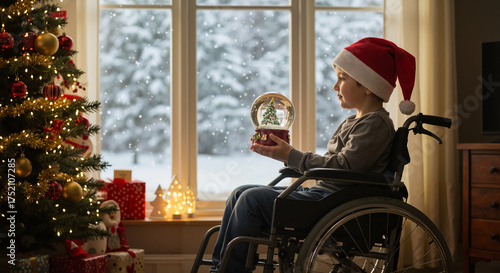 Boy in wheelchair wearing Santa hat holding snow globe by Christmas tree  