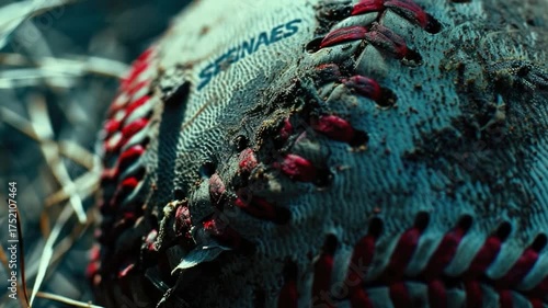 Close-up of a vintage baseball with frayed edges and red stitching