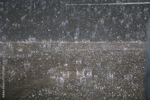 heavy rain falls on the street and splashes in the puddles
