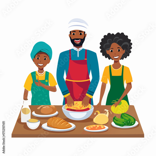 A family of three smiling and preparing food together in a kitchen, showcasing a multicultural and joyful domestic scene