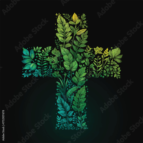 Floral Cross Design with Green Leaves and Plants Symbolizing Faith Hope and Renewal concept