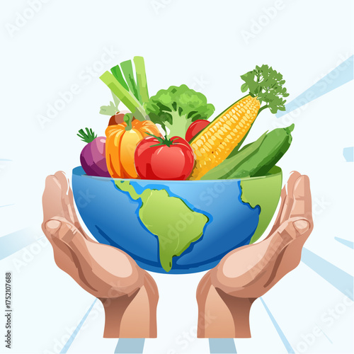 Hands holding the Earth filled with fresh fruits and vegetables, representing healthy eating and environmental conservation