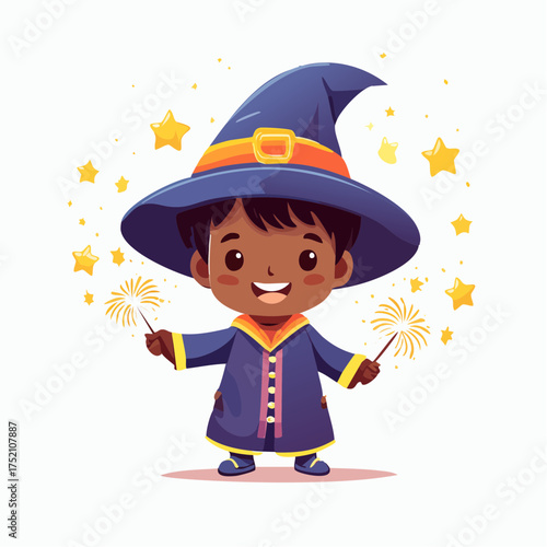 Young wizard holding sparklers with transparent background