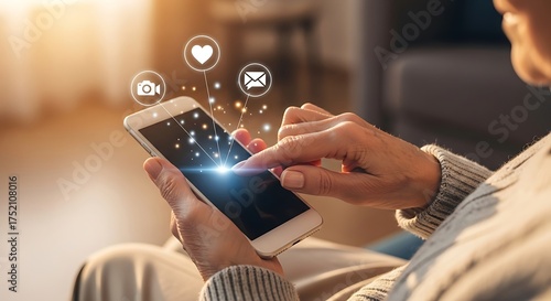 Senior woman enjoying social media on her mobile phone at home