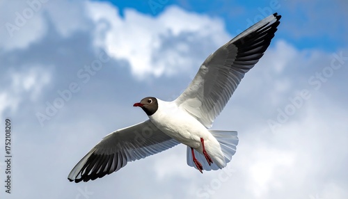 A graceful seabird with white body and black wingtips soars against a cloudy blue sky. The bird's head is dark with a red beak