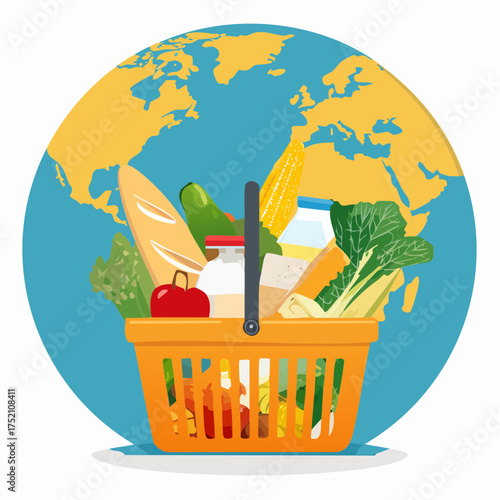 A vibrant shopping basket overflowing with fresh groceries and produce, set against a stylized globe, symbolizing global food supply and international nutrition