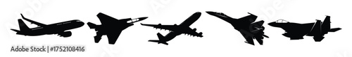Silhouettes of various airplanes and fighter jets isolated on white background. Vector-style aviation illustration showing different aircraft shapes in flight and on display.