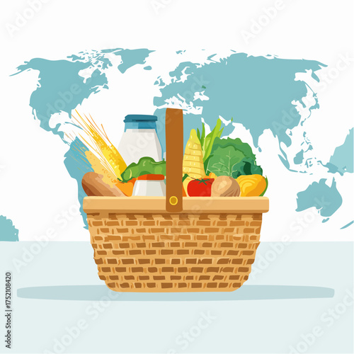 A woven basket overflowing with fresh produce and dairy products rests on a stylized world map background