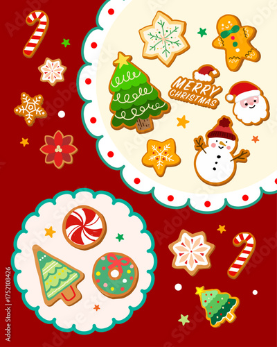 Cute Christmas Gingerbread Cookies and Candy Canes on a Round Plate, Snowman, Santa, and Tree Cookies vector illustration