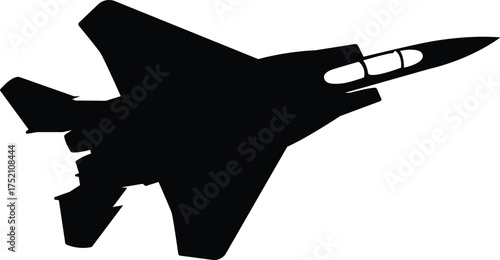 Black silhouette of a military fighter jet isolated on white background.