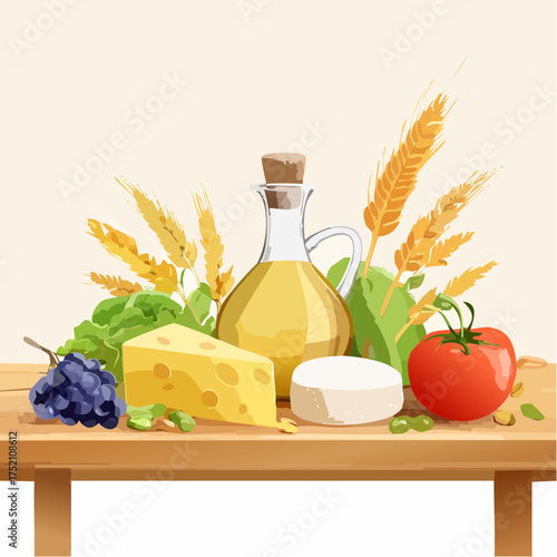 A still life arrangement of fresh food items including cheese, grapes, tomatoes, and olive oil on a wooden table