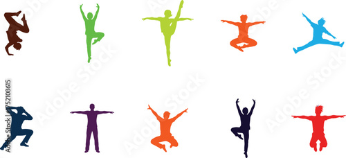 dancing people silhouettes vector, colorful human illustration for fitness lifestyle, joyful design, and energetic celebration projects with modern style