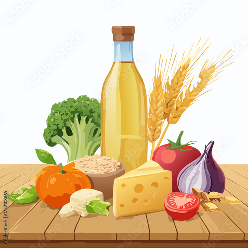 A vibrant still life arrangement of fresh produce, grains, and dairy on a wooden table, perfect for healthy eating and culinary inspiration