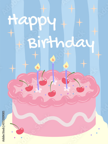 Happy Birthday card with a cake and candles. Bright festive vector illustration perfect for greetings, invitations, posters, or prints.