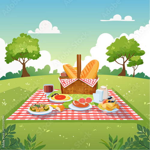 Delightful Picnic Basket Spread on a checkered Blanket in a Lush Green Park Under a Blue Sky