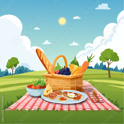 Picnic Basket on a Red Checkered Blanket with Delicious Food and Sunny Day Landscape