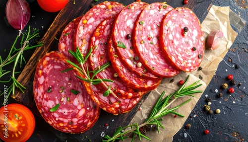 Overhead View of Sliced Salami Arranged Artfully on a Wooden Board with Fresh Rosemary and Cherry Tomatoes Illuminated by Soft Natural Light