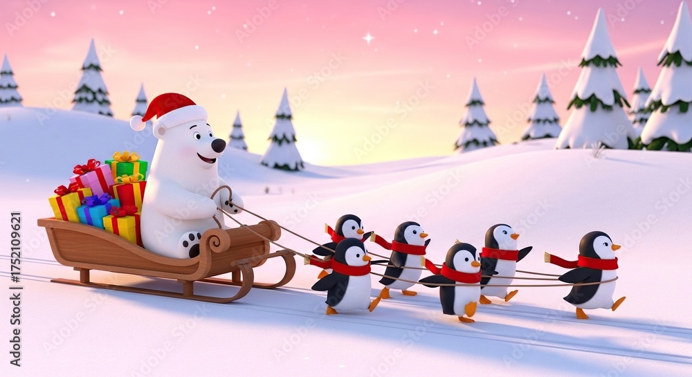 Fototapeta premium Polar bear in santa hat pulls sleigh with penguins and gifts through snow