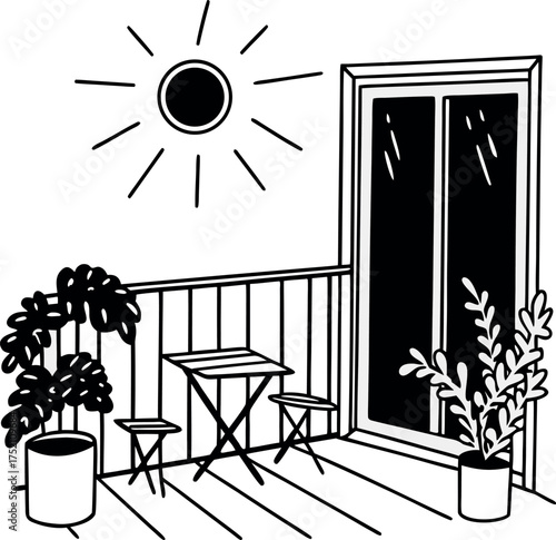 Serene Balcony Escape Black and White Illustration with Sun, Plants, and Cozy Furniture A Peaceful Outdoor Scene for Relaxation and Enjoyment of Natural Elements