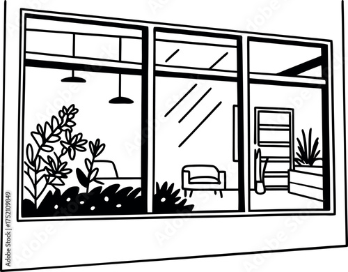 A Black and White Drawing of a Window Overlooking a Room with Furniture and Plants A simple illustration with clean lines and stark contrast