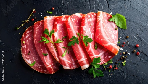 Overhead view of thinly sliced cured meat arranged on a dark textured surface seasoned with peppercorns and fresh herbs with soft lighting